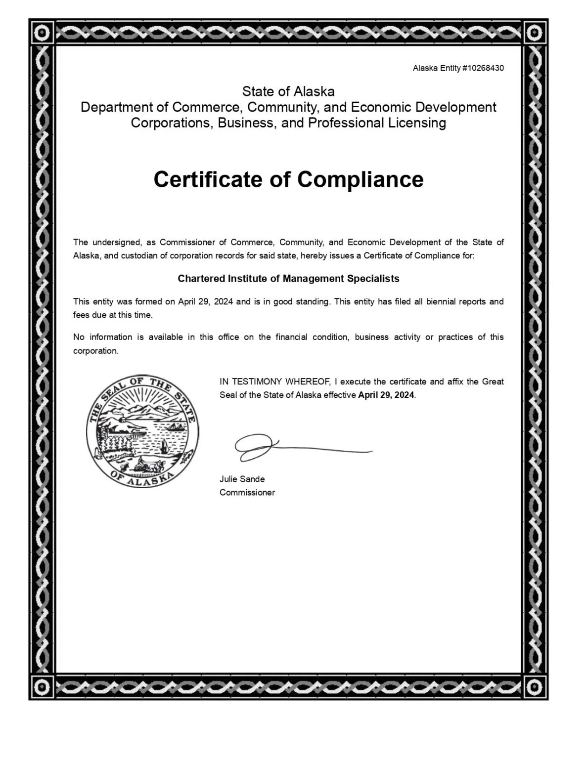 CIMS certificate of registration and licensing document